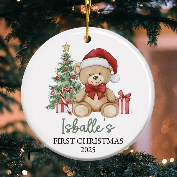 Personalised Teddy Bear with Santa Hat Ceramic Christmas Ornament with Name First Christmas Tree Decor Gift for Baby Boys Girls