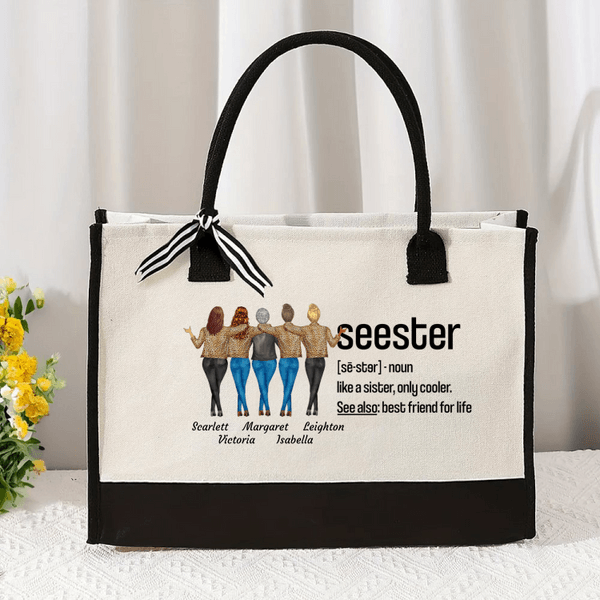 Personalizada de dibujos animados Seester Lienzo Grande Bolsa Tote con Nombre Accesorio de Viaje Cumpleaños Aniversario Regalo para Hermana Besties Mujeres