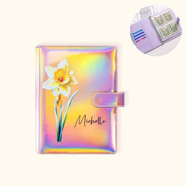 Personalisierter Mehrfarbiger Geldspar-Challenge A5 Binder mit Geburtsblume Namen 100 Umschläge Budget Planer Ringbuch Geburtstag Geschenk für Familie