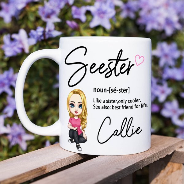 Personalisierte Seester Cartoon Charakter 11oz 15oz Keramik Becher mit Namen Freundschaft Jahrestag Geburtstag Geschenk für Schwestern Besites Frauen