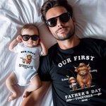 Personalized Cute Highland Cow 100% Cotton Baby Onesie T-shirt Parent-child Clothing with Name and Year First Father's Day Gift for Newborn New Dad