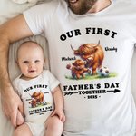 T-shirt Onesie de Bébé 100% Coton Personnalisé avec Nom et Vache de Highland Cadeau pour Nouveau Papa Nouveau-né