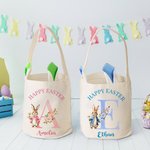 Personalized Happy Easter Floral Rabbit Initial Bunny Ears Bucket Bag with Name Eggs Hunting Basket Party Favor Easter Gift for Kids