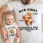 Personalized Cute Highland Cow 100% Cotton Baby Onesie T-shirt Parent-child Clothing with Name and Year First Father's Day Gift for Newborn New Dad