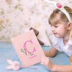 Personalized Cute Bunny Initial A5 Spiral Lined Notebook and Pom Puff Pen Set with Name Birthday Easter Gift for Boys Girls