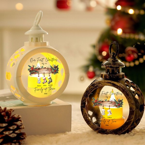 Gepersonaliseerde kousen ontwerp LED licht kerst vlamloze kaars lantaarn Ornament met 1-6 namen en jaar Feest Decor Cadeau voor familie