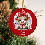 Personalised Cute Christmas Lights Highland Cow Double-sided Ceramic Ornament with Photo and Name Year Holiday Tree Decor Birthday Gift for Kids