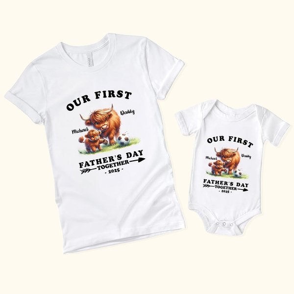Personalisierte Hochlandkuh Papa und Baby 100% Baumwolle T-shirt Baby Onesie Matching Outfit Unsere erste Vatertag zusammen Geschenk für neue Papa Baby