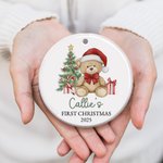 Personalized Teddy Bear with Santa Hat Ceramic Christmas Ornament with Name First Christmas Tree Decor Gift for Baby Boys Girls