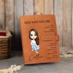 Personalized God Says You Are Cartoon Character A5 Leather Notebook Cover with 50 Pages Paper and Name Birthday Baptism Gift for Christian