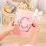 Personalized Cute Bunny Initial A5 Spiral Lined Notebook and Pom Puff Pen Set with Name Birthday Easter Gift for Boys Girls
