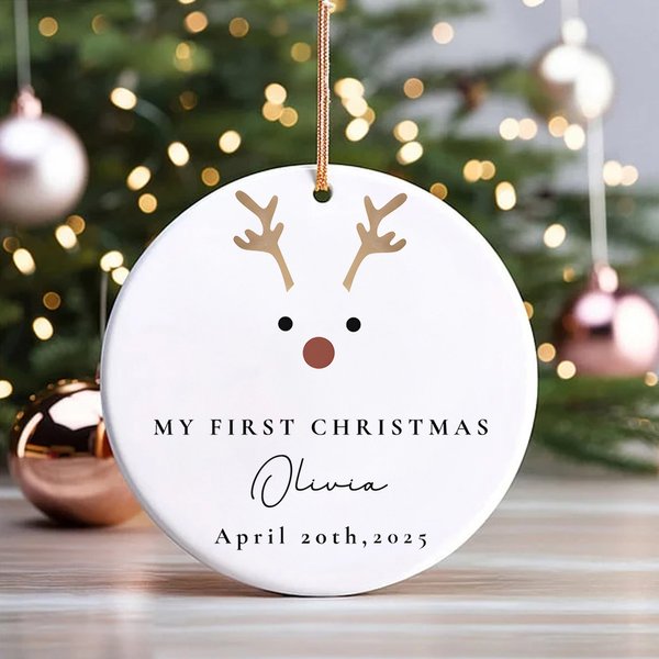 Personalised Baby's First Christmas Reindeer Ceramic Ornament with Name and Date Tree Decor Baby Shower Gift for New Parent