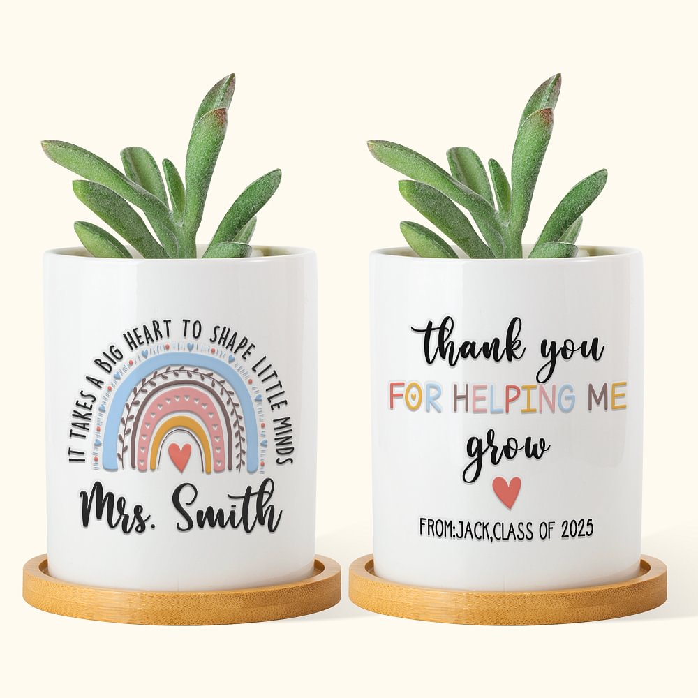 Pot à Plantes en Céramique Personnalisé avec Nom et Titre Pot à Socle en Bambou Cadeau Rentrée Scolaire pour Enseignant