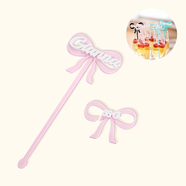 Personalised Multicolour Acrylic Coquette Bow Drink Tag and Stirrer with Name Wedding Birthday Party Essentials Gift