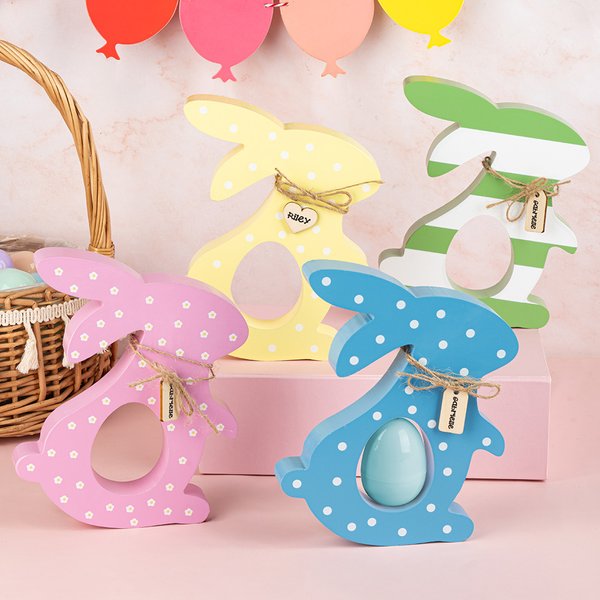 Porte oeufs de Pâques en bois personnalisé avec étiquette de nom Décoration de fête Cadeau d'anniversaire pour enfants