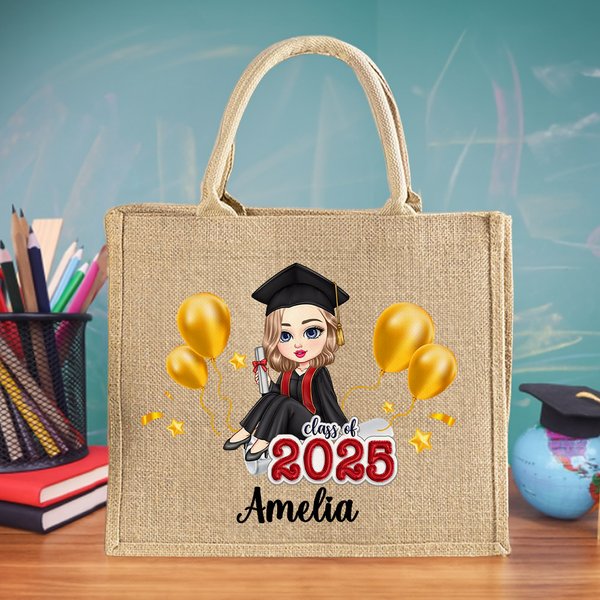 Personalized Cartoon Graduate Character Large Jute Tote Bag with Name Graduation Birthday Gift for Women Girls