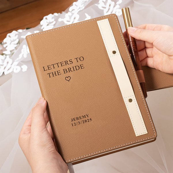Personalisierte Briefe an die Braut Leder A5 Lined Journal Notebook und Stift Set mit eingraviertem Namen und Datum Bridal Shower Hochzeit Geschenk für sie