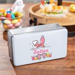Personalized Cute Easter Bunny Ears Eggs Bow Food-grade Metal Biscuit Tin Storage Box with Name Easter Party Favor Gift for Kids