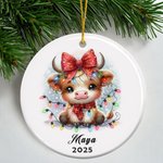 Personalised Cute Christmas Lights Highland Cow Double-sided Ceramic Ornament with Photo and Name Year Holiday Tree Decor Birthday Gift for Kids