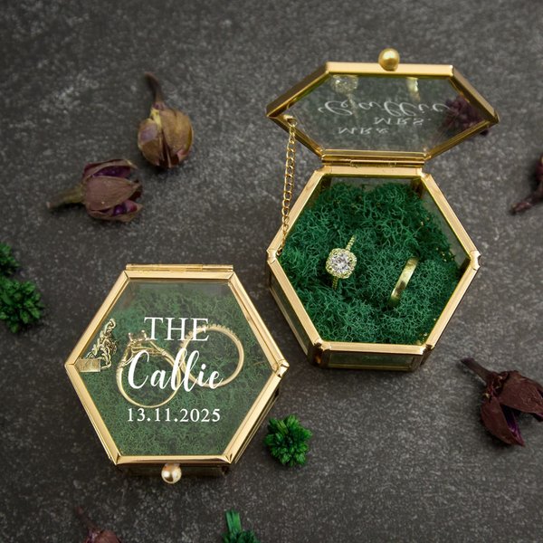 Personalized Elegant Portable Hexagonal Glass Ring Box with Text and Moss Decor Wedding Anniversary Gift for Couple