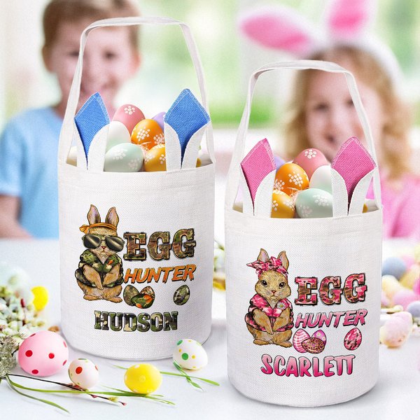 Personalised Camouflage Bunny Egg Hunter Bucket Bag with Name Easter Party Hunt Basket Holiday Birthday Gift for Boys Girls