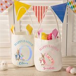 Personalized Happy Easter Floral Rabbit Initial Bunny Ears Bucket Bag with Name Eggs Hunting Basket Party Favor Easter Gift for Kids
