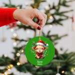 Personalised Cute Christmas Lights Highland Cow Double-sided Ceramic Ornament with Photo and Name Year Holiday Tree Decor Birthday Gift for Kids