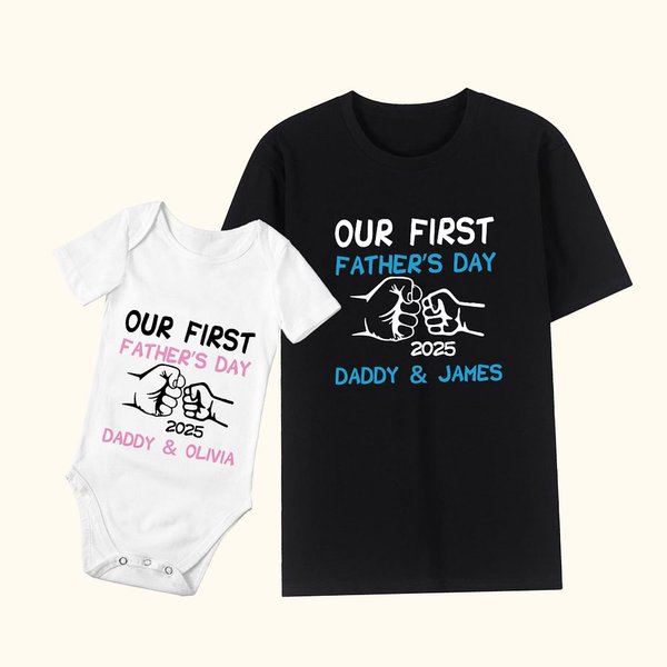 Maglietta personalizzata 100% cotone Fist Bump Our First Father's Day e tutina per neonato con nome e anno Regalo per il nuovo papà bambino