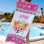 Asciugamano da spiaggia oversize personalizzato con design dell'unicorno cane volpe scimmia e nome regalo di compleanno per ragazzi
