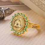 Personalized Engraved School Badge Family Crest Signet Ring with Birthstone Graduation Gift for Graduates Family