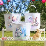 Personalisierte Niedliche Osternhase Blumen Canvas Eimertasche Korb mit Namen Initiale Ostereiersuche Geburtstag Party Geschenke für Jungen Mädchen