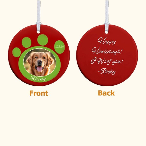 Personalisierte Haustier Foto runden keramischen Ornament mit Pfote Design Weihnachten Urlaub Baumschmuck Geschenk für Tierliebhaber