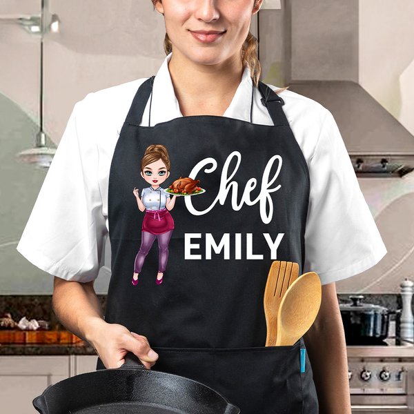 Personalized Cartoon Woman Character Chef Adjustable Baking Apron with Name Birthday Gift for Chef Cooking Enthusiast