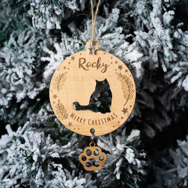 Adorno navideño personalizado de madera con silueta de gato y nombre en primer lugar Feliz Navidad Decoración Regalo para los amantes de los gatos