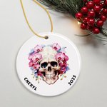 Personalized Gothic Birth Flower Sugar Skull Ceramic Ornament with Name and Year Funny Holiday Decoration Day of The Dead Gift