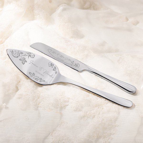 Personalised Floral Cake Knife Server Cutting Set with Name and Date Wedding Bridal Shower Gift for Couple