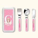 Personalized Cartoon Animal Safe Stainless Steel Kid’s Fork Spoon Knife 3 Pcs Cutlery Set with Initial Case and Name Birthday Gift for Boys Girls