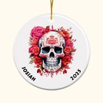 Personalized Gothic Birth Flower Sugar Skull Ceramic Ornament with Name and Year Funny Holiday Decoration Day of The Dead Gift