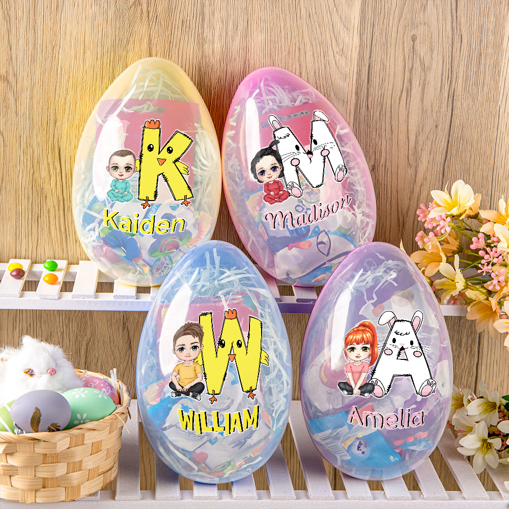 Oeuf de Pâques personnalisé avec le nom d'un personnage de dessin animé, un lapin, un poussin, un cadeau d'anniversaire pour les enfants.