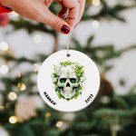 Personalized Gothic Birth Flower Sugar Skull Ceramic Ornament with Name and Year Funny Holiday Decoration Day of The Dead Gift