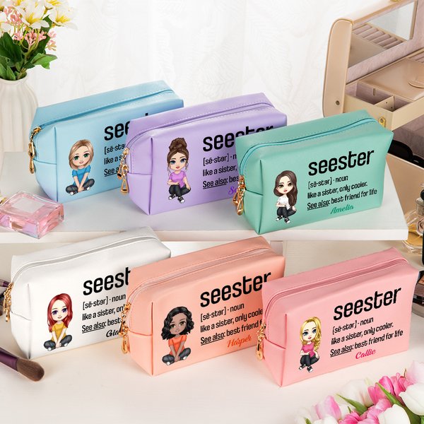 Gepersonaliseerde Seester Definitie Cartoon Karakter Lederen Make-up Zakje met Naam Portable Travel Essentials Verjaardagscadeau voor vrouwen meisjes