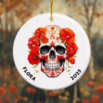 Personalized Gothic Birth Flower Sugar Skull Ceramic Ornament with Name and Year Funny Holiday Decoration Day of The Dead Gift