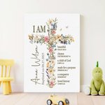 Personalized Floral Cross Bible Verse Canvas Painting with Name First Communion Party Wall Decor Christening Baptism Gift for Kids