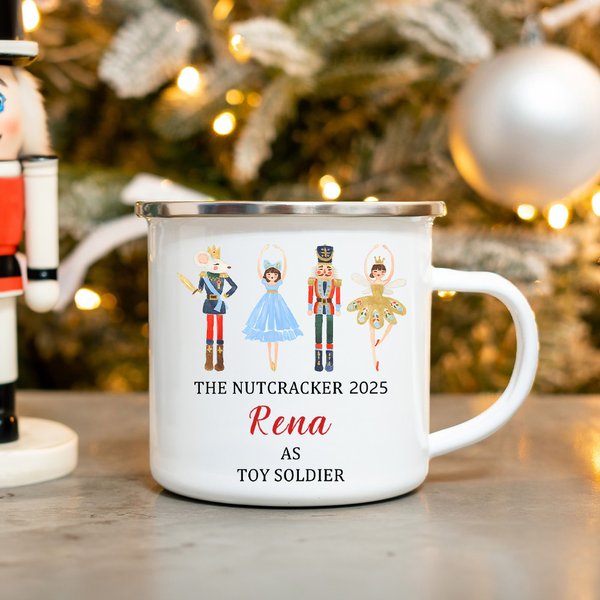 Personalised Cute Nutcracker Solider Ballet Girl 12oz Coloured Rim Enamel Cup with Name and Year Birthday Christmas Gift for Boys Girls