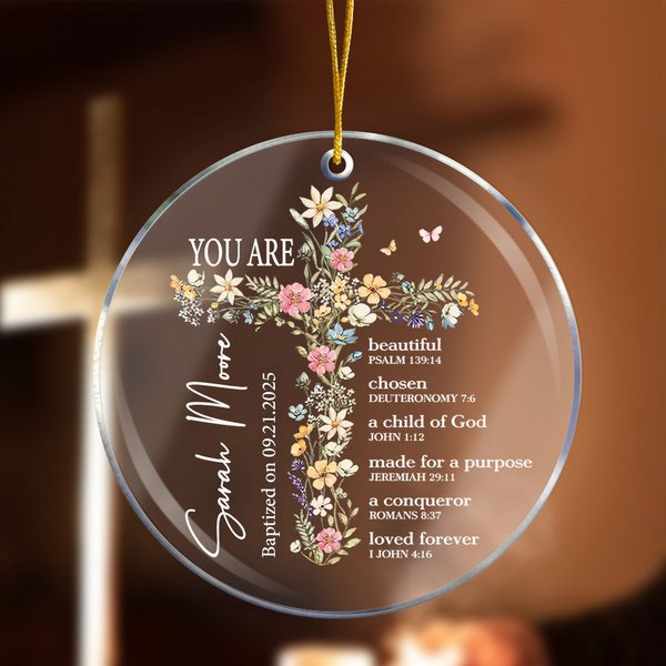 Personalisierte Floral Kreuz Bibel Vers Acryl Ornament mit Text Taufe Konfirmation Geschenk für Kinder Christen