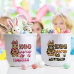 Personalized Cute Bunny Egg Hunter Camouflage Carrot Reusable Canvas Easter Basket with Name Birthday Easter Gift for Kids