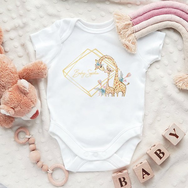 Personnalisé Gold Square Frame Name Giraffe Soft Baby Bodysuit Receiving Blanket Swaddle Hat Set Birthday Baby Shower Gift for