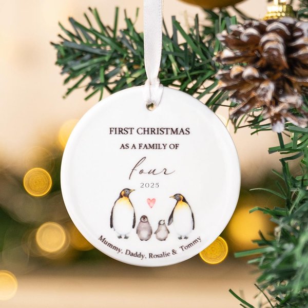 Personalized Cute Penguin Family Ceramic Ornament with Name and Year Holiday Decor First Christmas Gift for Boys Girls New Parents