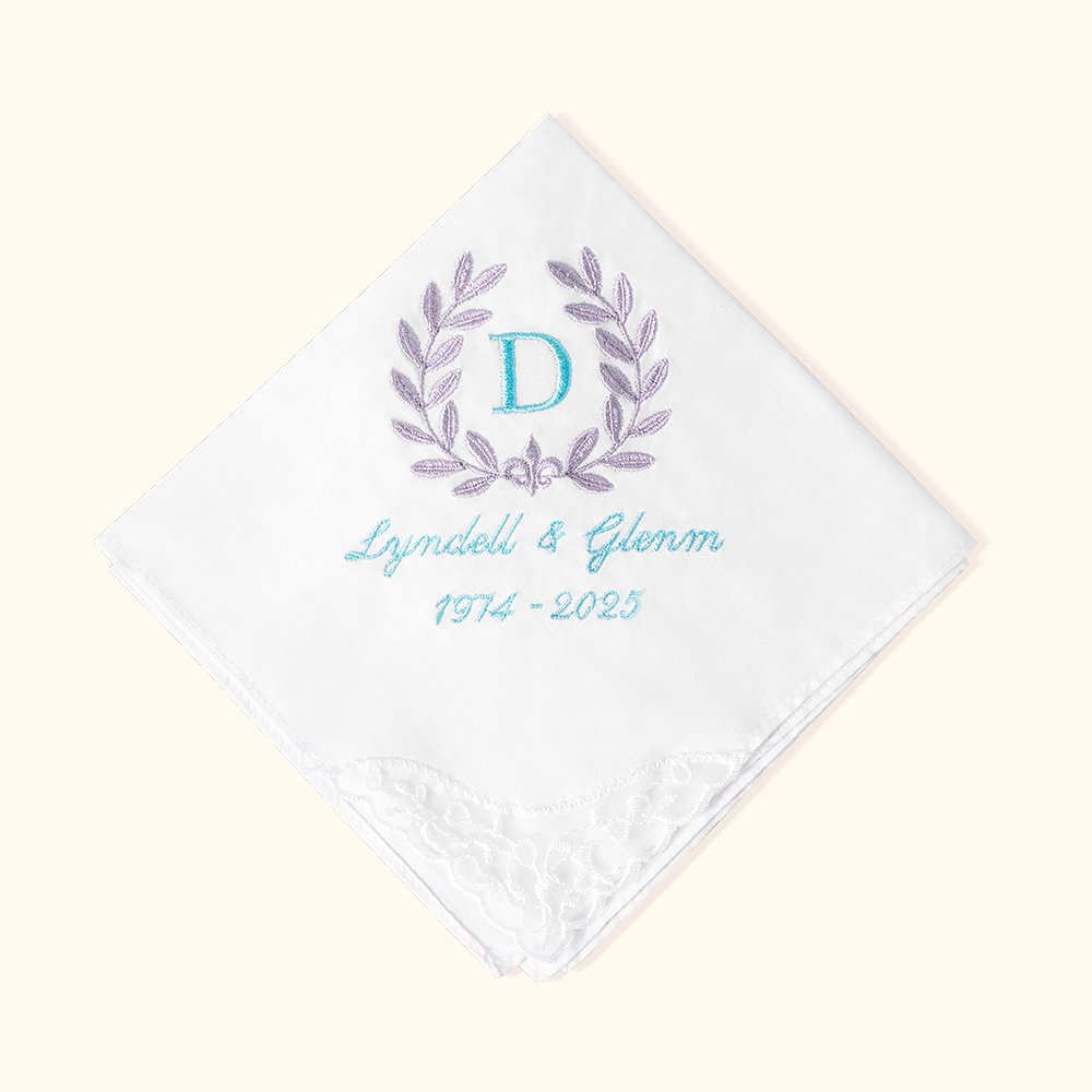 Mouchoir en Dentelle Personnalisé avec Nom Date et Initiale Brodés Linge 100% Coton Motif Branche d'Olivier Cadeau de Mariage pour Mariée