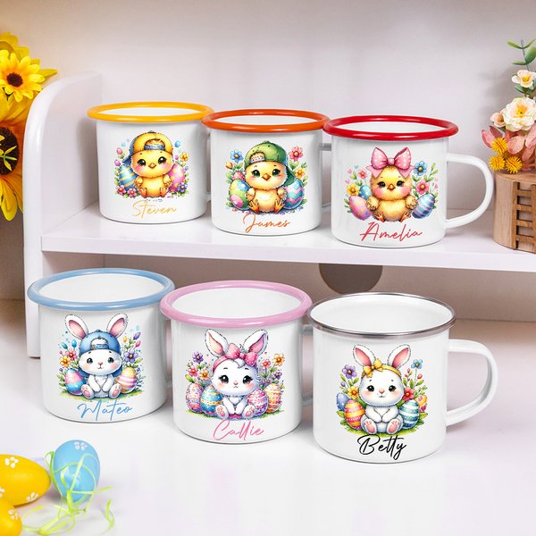 Gepersonaliseerde Floral Easter Eggs Bunny Chick 12oz geëmailleerde mok met naam Paasfeest verjaardagscadeau voor jongens meisjes